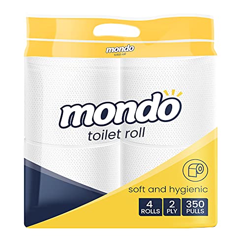 Image of Mondo Toilet Roll Tissue (2 Ply, 350 Pulls) | Pack of 4 Rolls | 100% skin safe FDA approved, OBA free | Septic-safe bath tissue | Compatible with all dispensers | Toilet Tissue Paper Roll