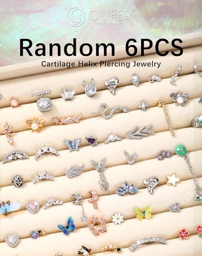 OUFER 16G Helix Earrings, 316L Stainless Steel Cartilage Earrings, Random 6PCS Helix Cartilage Piercing Jewelry, Tragus Forward Helix Cartilage Earrings Studs for Women3