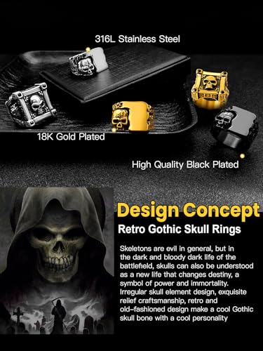 Cool Retro Skull Rings 316L Stainless Steel/18K Gold/Black Gothic Skull Band Rings Faith Jewelry for Men Women, Size7-14 with Gift Box4