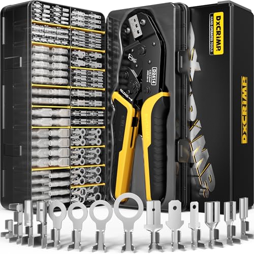 DxCRIMP Kit de Crimpadora para Terminales Eléctricos con 14 Tipos de 0,25–2,5 mm² (AWG 24–14), Kit Profesional de Crimpado, Herramienta Precisa para Electricistas, Automóvil, Bricolaje y Hobby