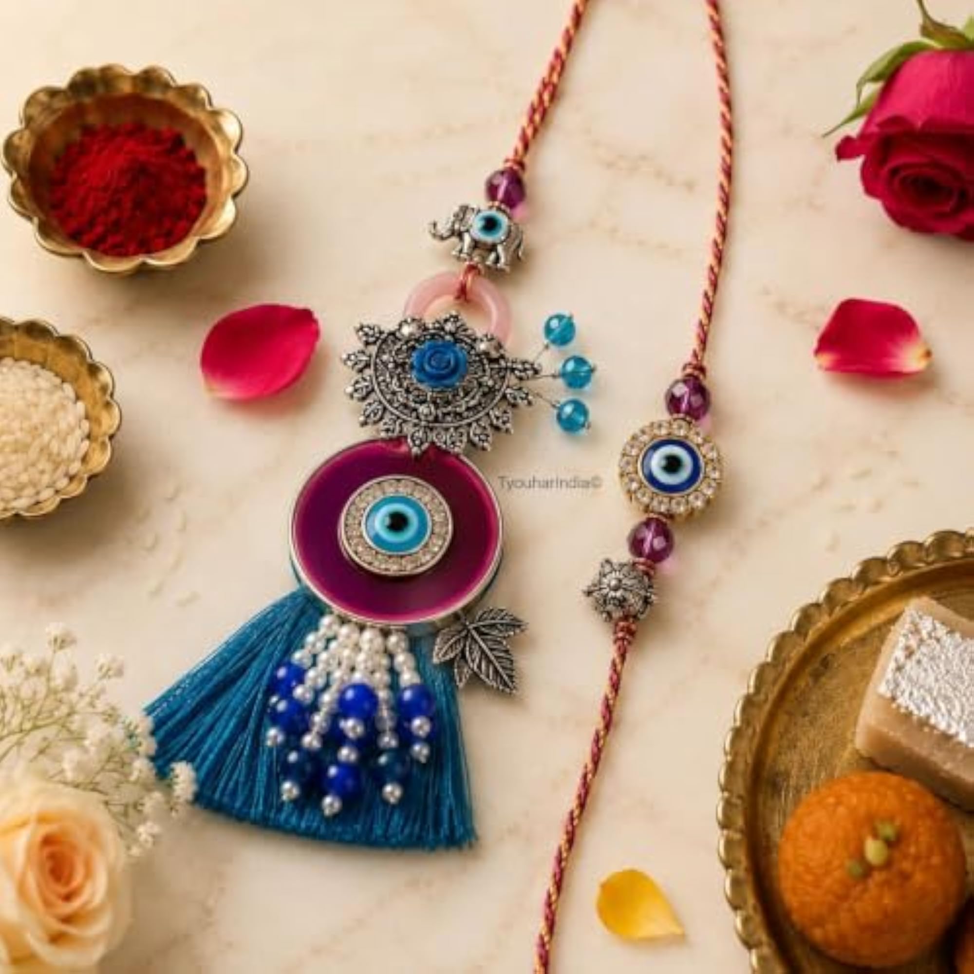 Bhaiya Bhabhi Purple Blue Round Evil Eye Rakhi & Lumba Gift Hamper