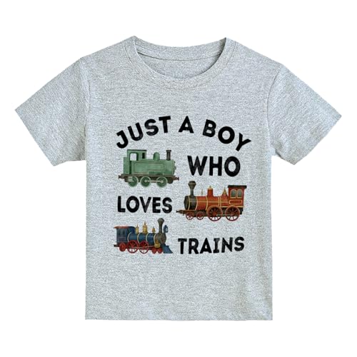 Kachibud Toddler Boys Shirts Cotton T-Shirts Grey Round Neck Short Sleeve Tops Trains Lover Just A Boy Who Love Trains Kids Tees 3T