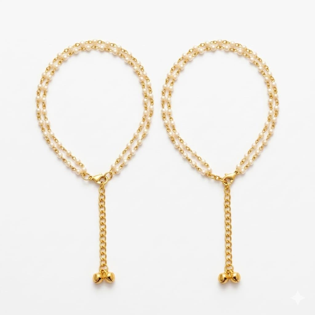 Elegant Pearl Beaded Payal for Women & Girls | Adjustable Gold Tone Anklet Pair with Mini Ghungroo Charms | Lightweight Stylish Foot Jewelry-image-15