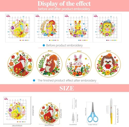 Image of Zhenqing 4 Pack Woodland Animal Stamped Cross Stitch Kit, 11CT Printed Fox Squirrel Hedgehog Bunny Patterns with Hoop and Tools for Adults and Beginners
