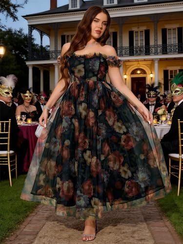 Image of EYWOL Plus Size Formal Wedding Guest Cocktail Party Floral Dress with Slit | Sweetheart, A Line, Midi\Maxi, Tulle, Curvy, Adjustable Straps, Smocked Back, Black Tie, Evening, Gown, Gala, Prom