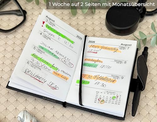 Calendario de bolsillo 2025 A7 con bolígrafo y soporte con aspecto de cuero fino, agenda 2025 con bolígrafo incluyendo calendario anual y vista semanal (negro) - imagen 3