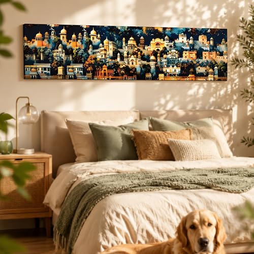 Image of Traditional Indian Cityscape Stretched Canvas Wall Art Painting for Living Room, Mughal Architecture Landscape Canvas Wall Decor For Livingroom, Bedroom, Office, Hallway's, Hotel 12x46 Inch