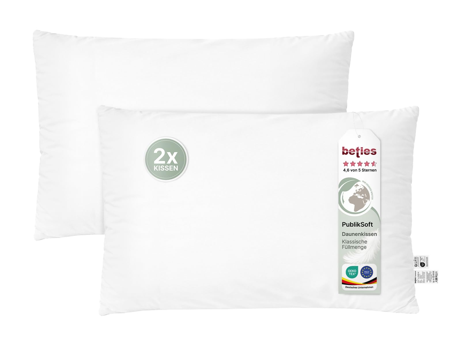 beties - PublikSoft - 2er Set Daunen Füllkissen 40x60 cm – 400 g halbweiße 70% Daunen 30% Federn – waschbares Baumwoll Inlett – Sofa-, Kopf- & Couchkissen – weich & komfortstützend