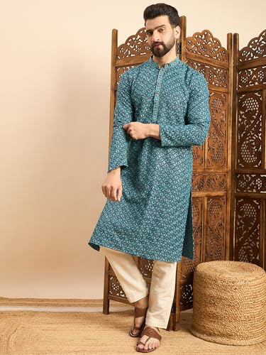 Image of Amazon Brand - Tavasya Men Rayon Geometric Embroidered Mandarin Collar Straight Kurta