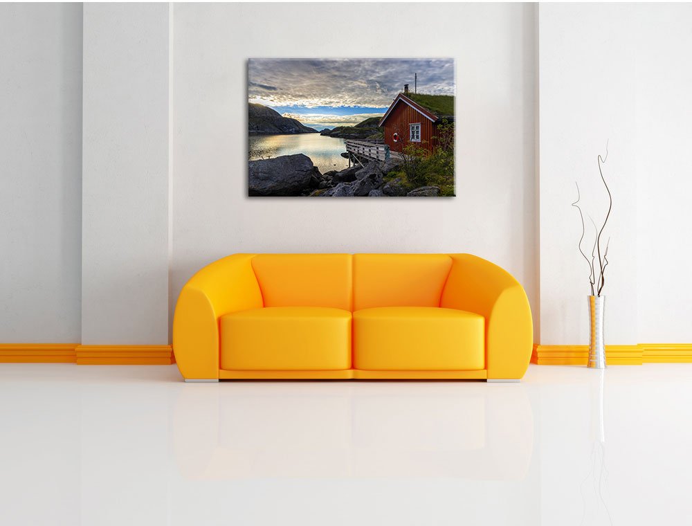 Pixxprint Sonnenaufgang am Fjord Norwegens, Größe: 120x80cm, Leinwandbild, fertig gespannt, Wandbild, Dekoration, Kunstdruck, kein Poster