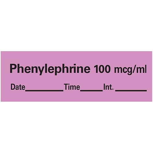 PDC Healthcare AN-81D100 "Phenylephrine 100 McgmL" Cinta de anestesia extraíble con fecha, hora e inicial, núcleo de 1 pulgada, 12 pulgada de ancho,