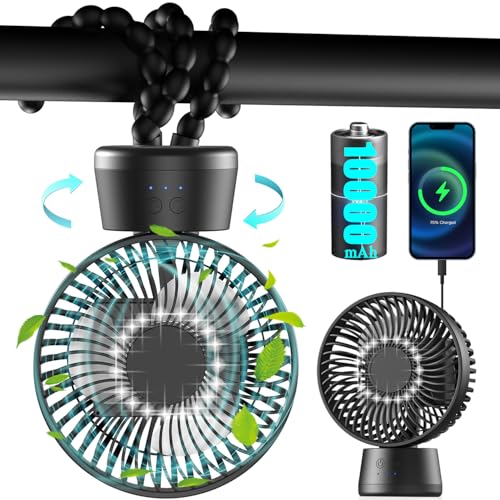 120° Oscilante Ventilador para Cochecito Bebe, 10000 mAh Ventilador USB Portatil - 40 Horas, Silencioso Mini Ventilador de Mesa 3 Niveles, luz LED, Camper Recargable Ventilador Pinza de Cuna, Ø13.5cm
