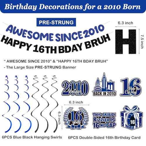 Image of 16th Birthday Decorations Boys Girls, Blue Happy 16th Birthday Party Decorations, Pre-Strung Awesome Since 2010 & Happy 16th Bday Bruh Banner, Balloon, Hanging Swirl, Cake Topper, Bday Sash Honeycomb