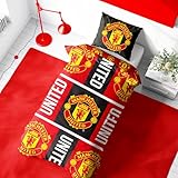 Character World Manchester United Single Duvet Cover Set, Trafford Design | Red Reversible 2 Sided Football Bedding Cover Official Merchandise Including Matching Pillow Cases