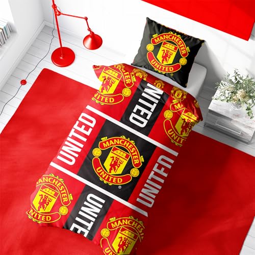 Character World Manchester United - Parure de lit simple avec housse de couette et taies d'oreiller assorties - Motif Trafford - Rouge - Réversible - 2 côtés