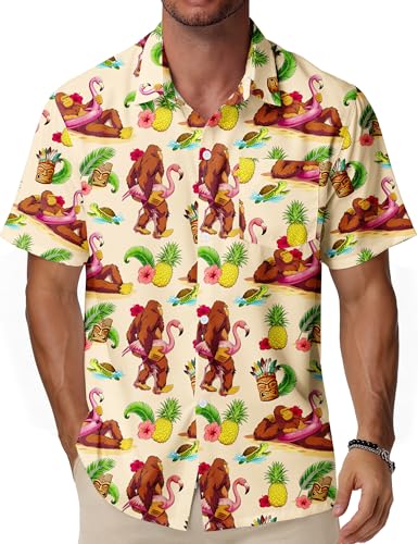 WISMBOX Hawaiihemd Herren Kurzarm Retro Witziges Sommerhemd mit Bigfoot & Flamingo Print Funky Strandhemd für Festival & Party