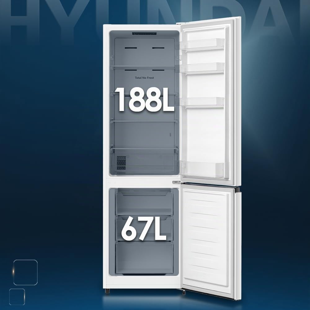 Hyundai Frigorífico Combi Blanco, 2 Puertas. HC185500ENF, Capacidad 255 Litros, No Frost, Multi Air Flow, Bajo Nivel Sonoro, Puerta Reversible, Clasificación Energética E