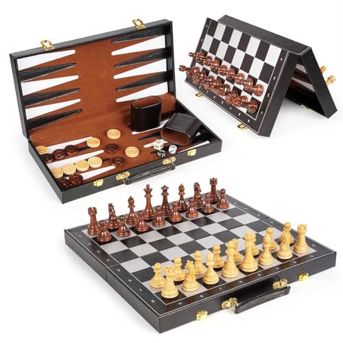 Image of Chess Checkers Backgammon 3 in 1 Board Games for Kids and Adults | Foldable Magnetic Portable Travel & Educational Indoor Activity Game Set | Suitable for Boys and Girls (15 Inches)