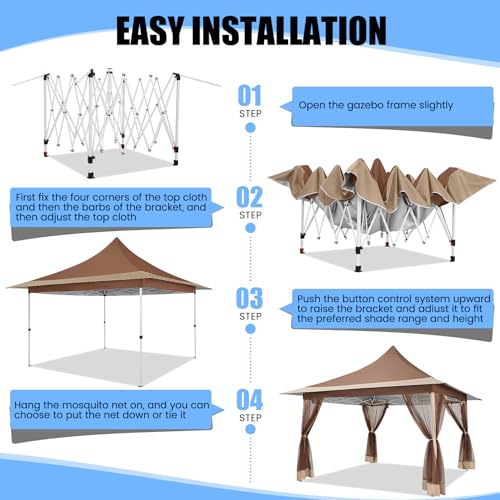 Image of COBIZI 12x12 Pop up Canopy Gazebo on Clearance, Outdoor Canopy Tent with Mosquito Netting & Waterproof Roof & Sandbags & Carrying Bag,Patio Portable Gazebo for Garden,for Backyard,Brown