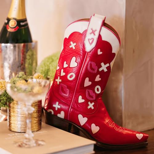 Western Cowboy Boots for Women Mid Calf Chunky Heel Love Heart Embroidery Lipstick Red Booties4