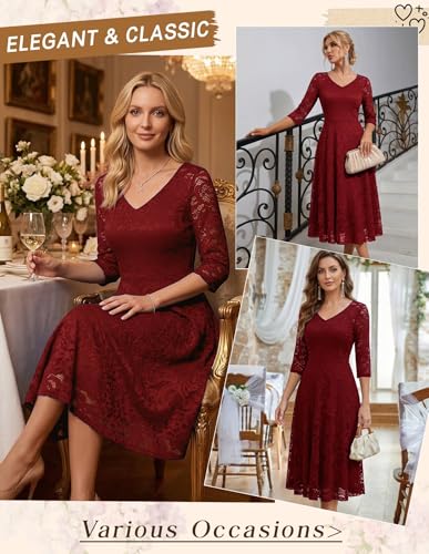 Image of Dressystar Womens Long-Sleeve Wedding Guest Dress A-Line Lace Formal Party Cocktail Midi Dress Prom Gown