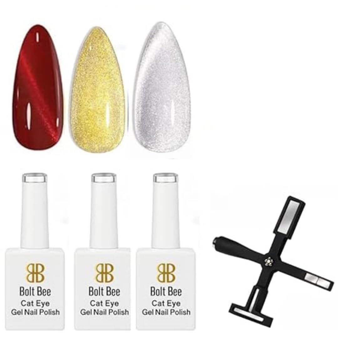 Brille Bee Cat Eye Gel Nail Polish Set, 9ml, 3 Metallic Colours with 5-in-1 Magnet Wand. (Red,Gold,silver)-image-34