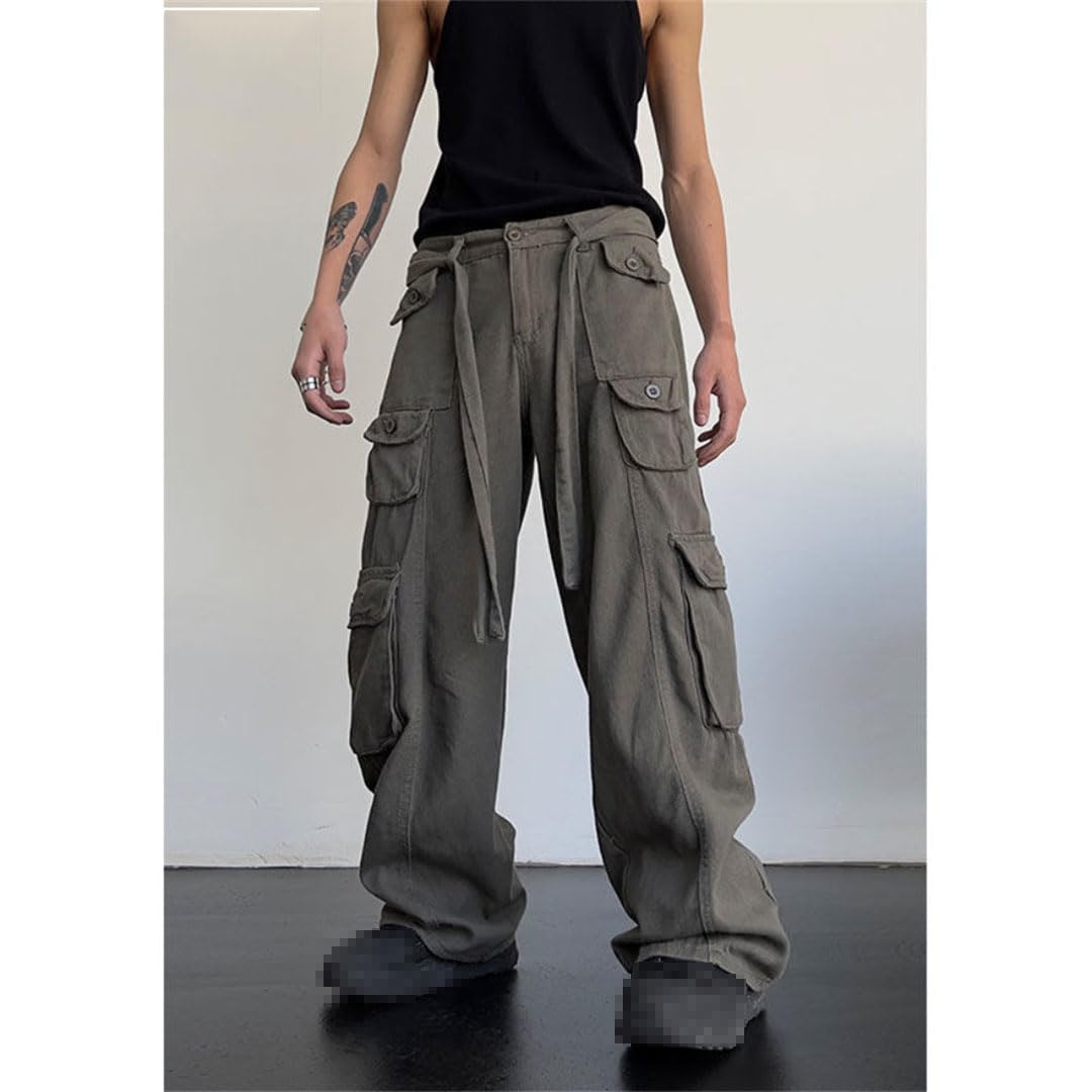 Hombres Senderismo Trabajo Cargo Pantalones Bolsillos Sueltos Rectos Cintura Alta Pierna Ancha