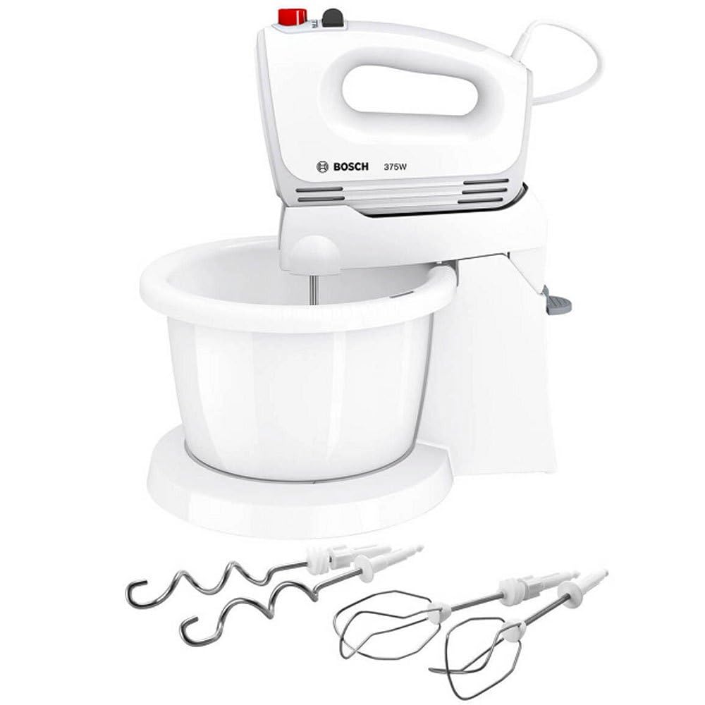 Bosch Hausgeräte MFQ2600W CleverMixx Handrührer, 375 Watt, Schüssel mit Geräteständer, 4 Stufen, weiß/rot