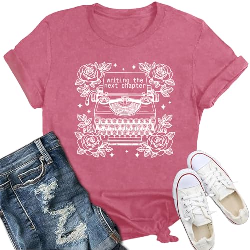 IFQ Women's Author Shirt Writing The Next Chapter Writer T-Shirt Typewriter Book Lover Tee Pink