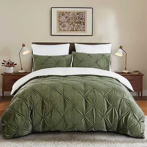 Lanqinglv - Funda nórdica de 200 x 200 cm, franela polar Sherpa invierno cálido y esponjoso, juego de cama de 2 personas, color verde y blanco, reversible, diseño de Pintuck, niña, adolescente, ropa