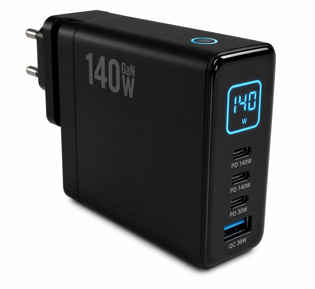 Cargador USB-C de 140 W con pantalla, 2 puertos USB-C 140 W PD3.1, 1 PD3.1 de 30 W + 1 cargador rápido USB-A QC 3.0 de 30 W para ordenador portátil, MacBook, iPhone, Samsung, incluye cable USB-C de 2