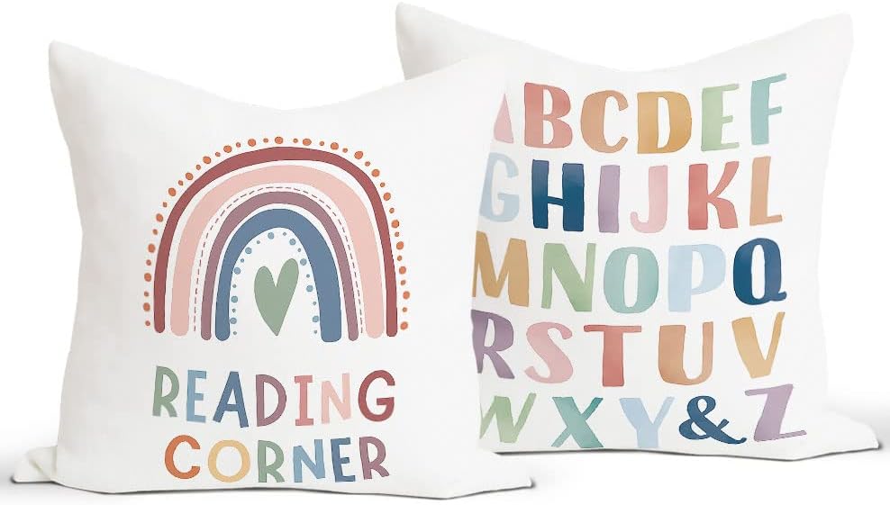 Reading Corner Classroom Decorative Pillows Covers 18×18 Inch Set of 2, School Girl Style Classroom Decor, Alphabet Letter Pillow Covers Toddler Reading Nook Nursery Decor for Couch Bedroom Playroom