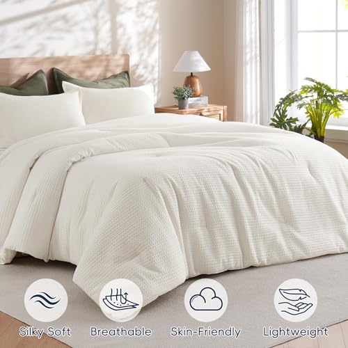 Image of PHF Soft Waffle Comforter Set Queen Size- Comfy Breathable Waffle Weave Comforter with 2 Pillow Shams, 3 Pieces Less Snagging Lightweight Textured Bedding Set for All Season, Cream