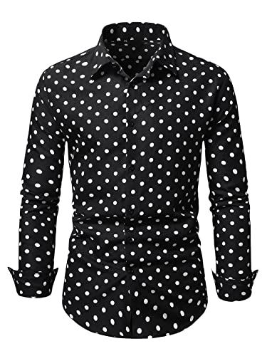 WDIRARA Men's Polka Dots Button Front Long Sleeve Collar Shirt Casual Tops