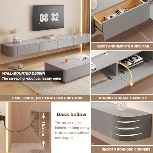 Image of Floating TV Stand Wall Mounted - Wall Entertainment Center with Flip-Down Doors & Drawers, Modern Hanging TV Shelf for Living Room, Media Console for 65 /75 80 Inch TVs (Grey, 71IN /180CM)