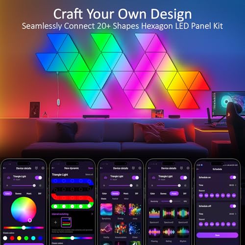 Image of 8 PCS Led Triangle Light Panels - Smart APP 6 inches Triangle RGB Gaming Lights with Music Sync Gaming Theme for Kids and Teens Room Playroom Decor