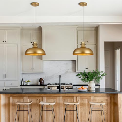 Image of Gold Farmhouse Pendant Lights for Kitchen Island 16 Inch | ETL Certificate,Industrial Adjustable Height Vintage Dome Hanging Light Fixtures for Barn, Dining Room 2 Pack
