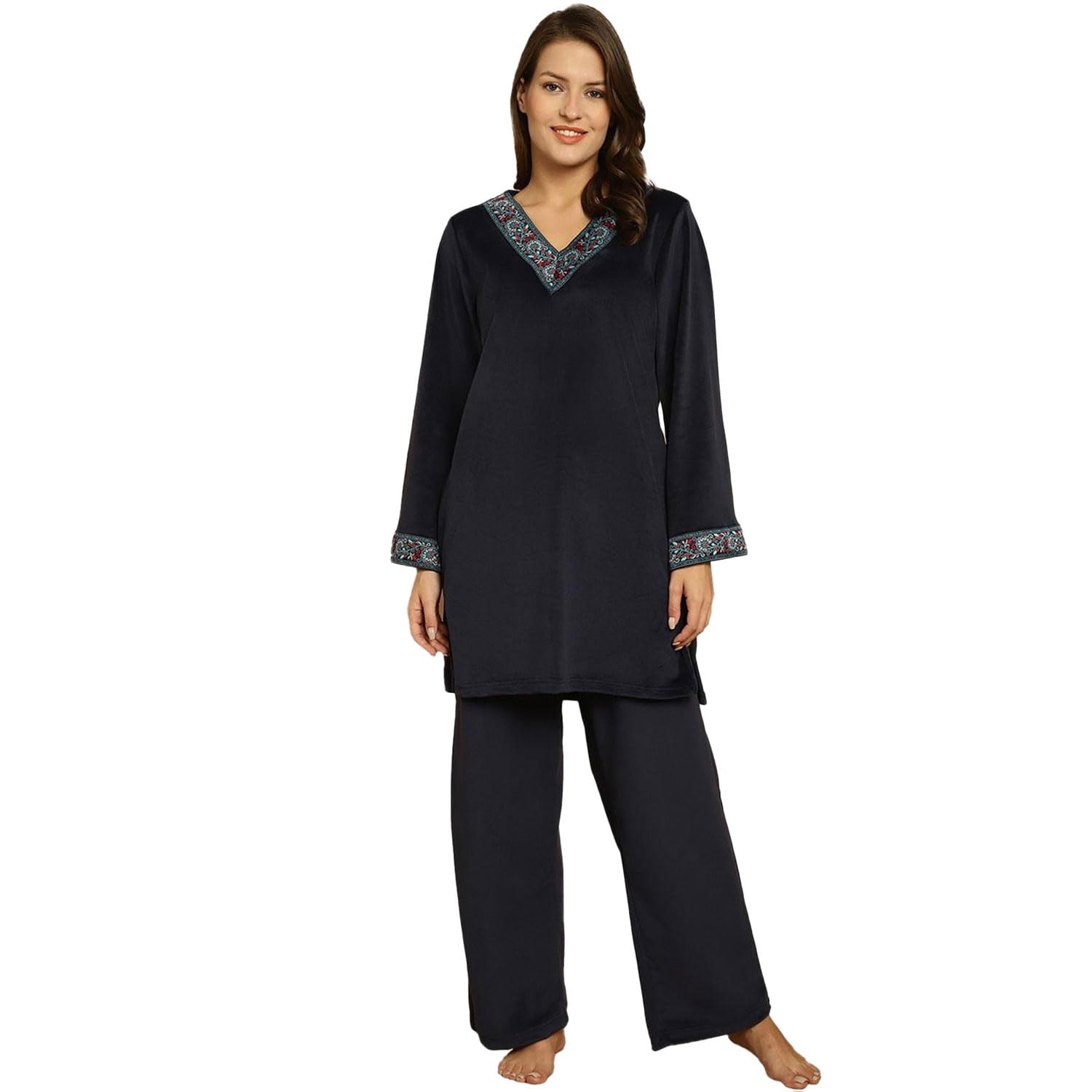 Secret Wish Solid Velvet Night Suit/Top & Pyjama/Pocket/Co-ord/set/Full sleeves