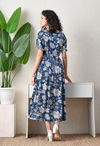 Image of Ichaa Women's Aqua Rayon Printed Maternity Dress with Feeding Zips and Pocket, in Plus Sizes
