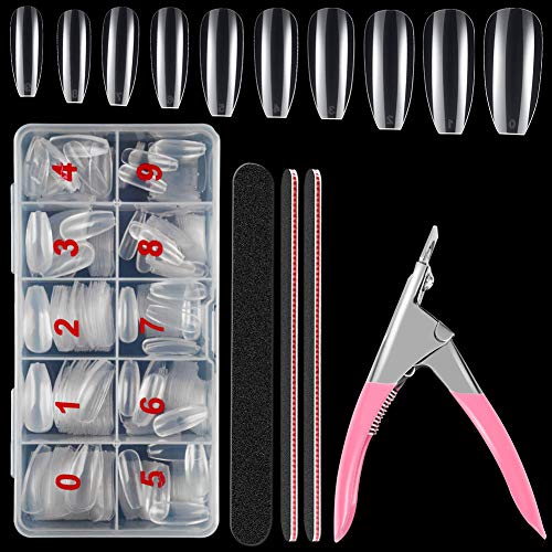 500Pcs Acrylic False Nail Tips Coffin Shape Clear Ballerina Full Cover Long Fake Nails with 1Pc Acrylic Nail Clipper Cutter and 3Pc Nail Files