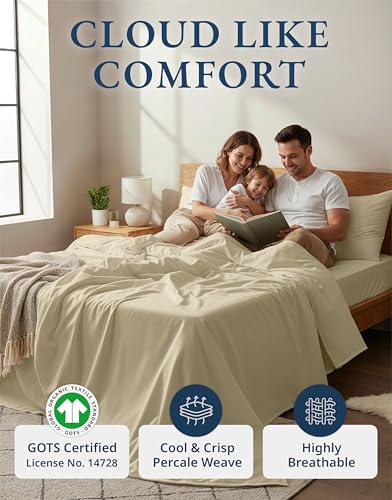 Image of LANE LINEN 100% Organic Cotton Fully Elasticized California King Sheet Set, Low Pilling Fade Resistant Machine Washable Naturally Cooling Cal King Bedding Set, Soft & Comfy Cotton Sheets - Linen