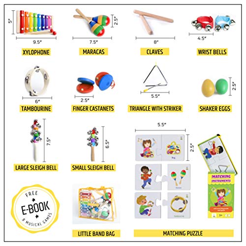 SMART WALLABY Musical Instruments Set & Puzzle Card Game for Kids | 15 Pcs. Toddler Wooden Toy Percussion Set with Xylophone Plus a Bonus Instruments Matching Puzzle (Little Band with Matching Puzzle)