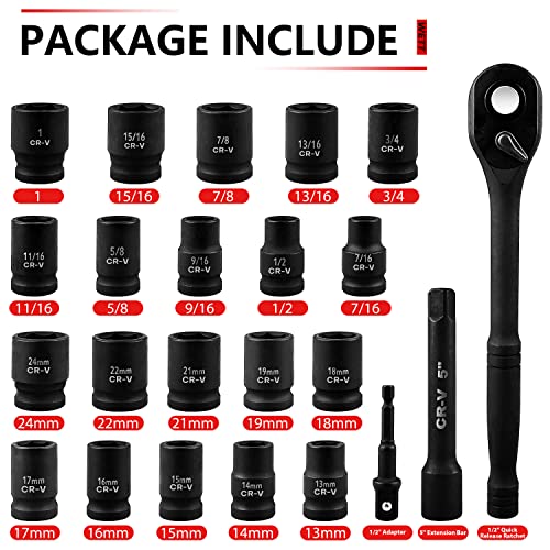 Wett 1/2-Inch Drive Socket Wrench Set, 23 Piece Sae & Metric Impact Socket Sets, 6 Point, Cr-V Steel, 13Mm-24Mm, 7/16"-1", 72 Teeth Quick Release Ratchet, Adapter And Extension Bar #TOP1