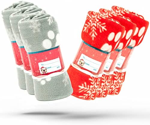 4 X Dog Blankets Washable Snowflake Paw Prints Dog Presents | Pet Blanket for Cat Soft Warm Dog Fleece Puppy Cat Blanket (70cm X 73cm, RED and GREY (Pack of 4))