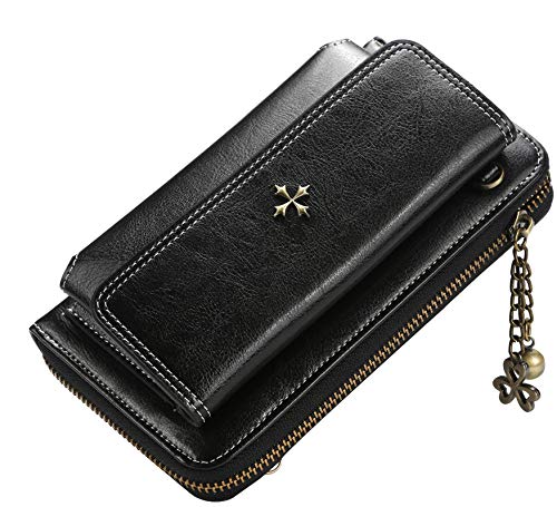 Preisvergleich Produktbild Damen Handy Geldbörse Kreditkarten Brieftasche, Crossbody Handytasche mit Kartenfächer Verstellbar Abnehmbar Schultergurt (Schwarz)