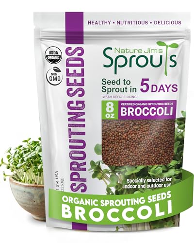 Nature Jims Organic Broccoli Sprouting Seeds Non-GMO Rich in Sulforaphane Fast-Growing Microgreen Seeds for Indoor/Outdoor Planting Ideal Organic Sprouting Seed for Nutritious Gardening - 8oz