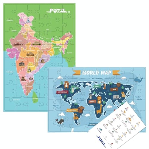 Image of India & World Map Puzzle Combo | 96-Piece Jigsaw Puzzle for Kids 5+ Years with Fun Facts Cards | Geography Learning Toy | Brain Teaser Educational Game | Unique Gift for Boys & Girls