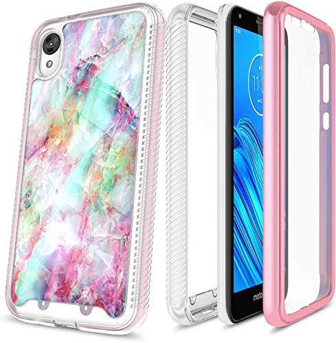E-Began Case for Motorola Moto E6, Full-Body Protective Rugged Matte Bumper Cover with Built-in Screen Protector, Marble Design, Shockproof Impact Durable Phone Case (2019 Release) -Fantasy
