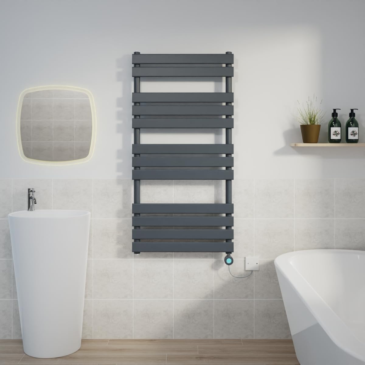 Warmehaus 1200x600mm Sand Grey Designer Flat Panel Electric Heated Towel Rail Thermostatic Timer Bathroom Towel Radiator 600W