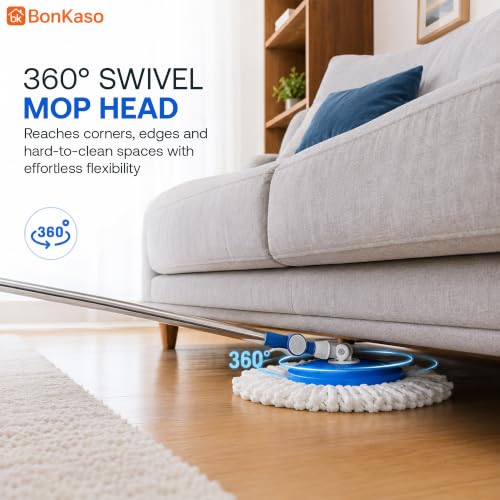 Image of Bonkaso 360 Spin Mop & Bucket Set with Stainless Steel Wringer, 45 Inch Mop Rod, Easy Drain Plug, 2 Microfiber Refills, Wet & Dry Floor Cleaning Mop for Home Kitchen Bathroom Office, Blue